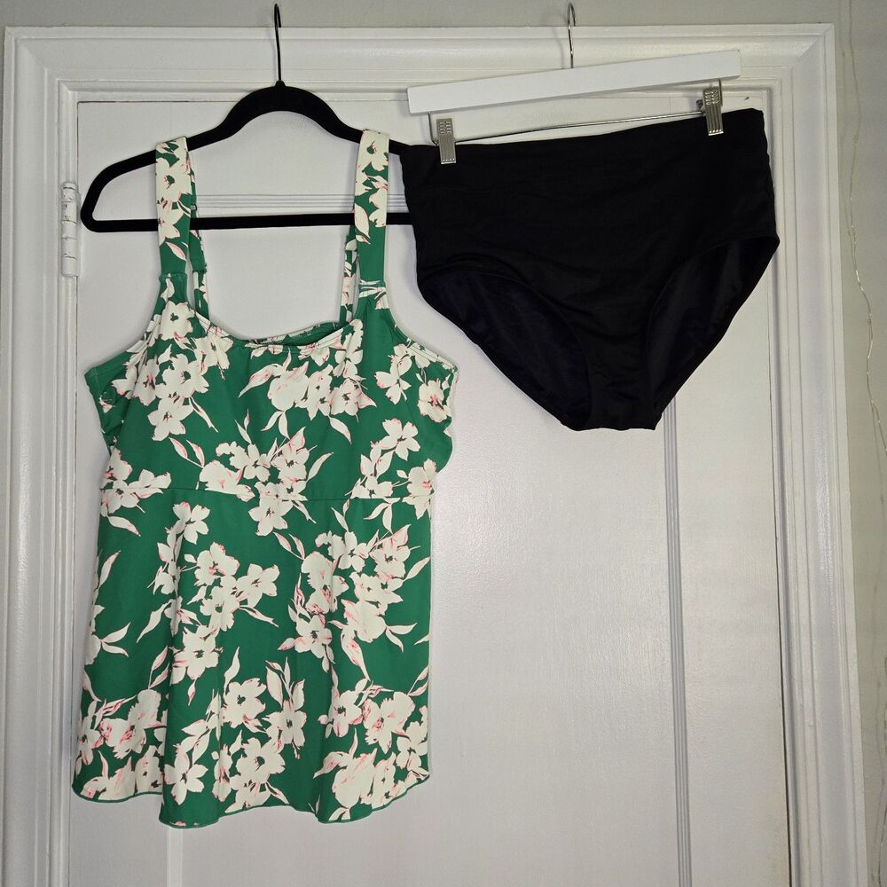 Lands' End Flutter Tankini Swimsuit Top Sz L (14-16) & High Waist Bottom Sz 10